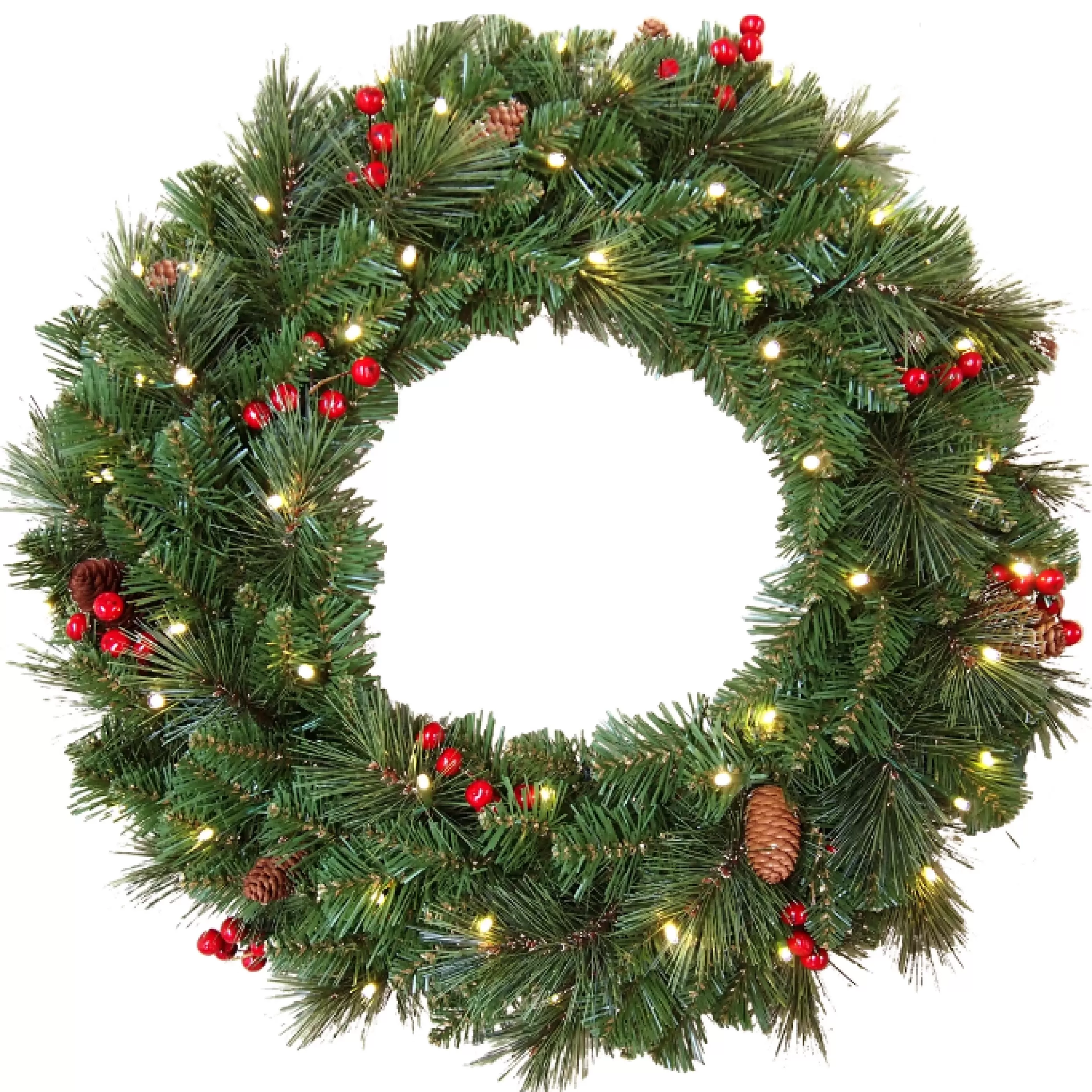 24″ (60Cm) Everyday Collection Pre-Lit Christmas Wreath With Pine Cones, Red Berries And 50 Led Lights*Christmas Land Cheap