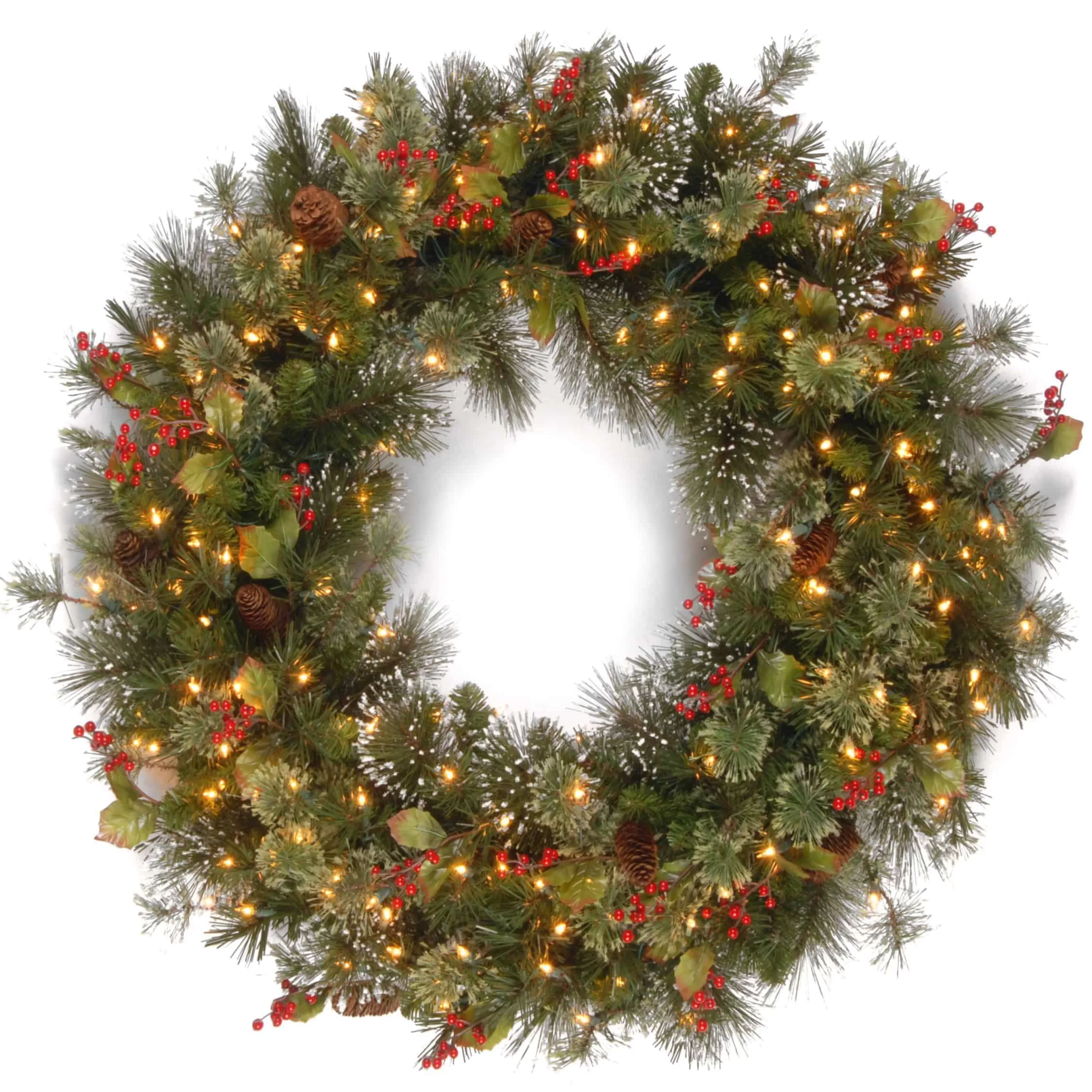 36″ (91Cm) Wintry Pine Pre-Lit Christmas Wreath With Cones, Red Berries & Snowflakes*Christmas Land Best Sale