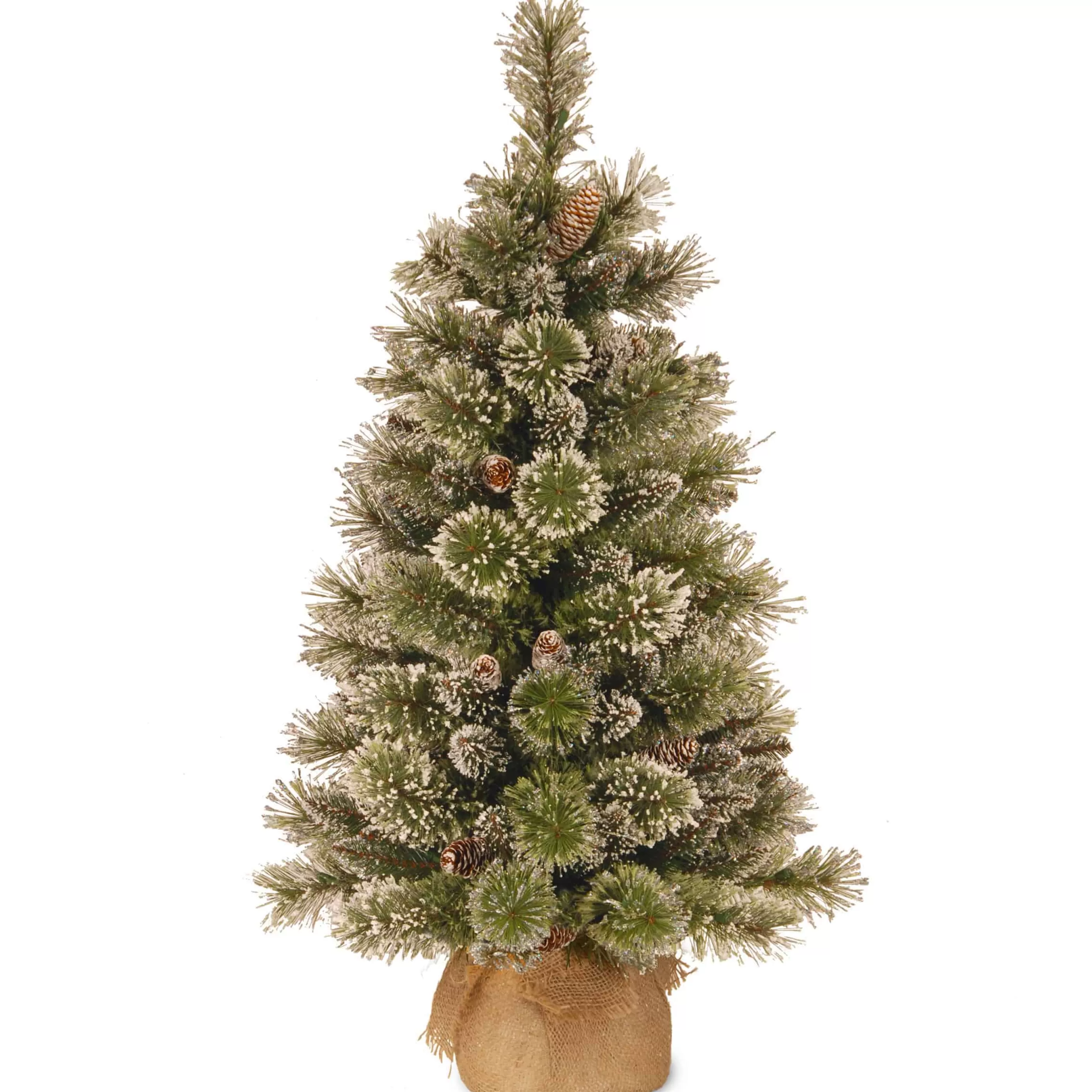 3Ft Glittery Bristle Pine Small Artificial Christmas Tree With Cones In Burlap Sack*Christmas Land Best