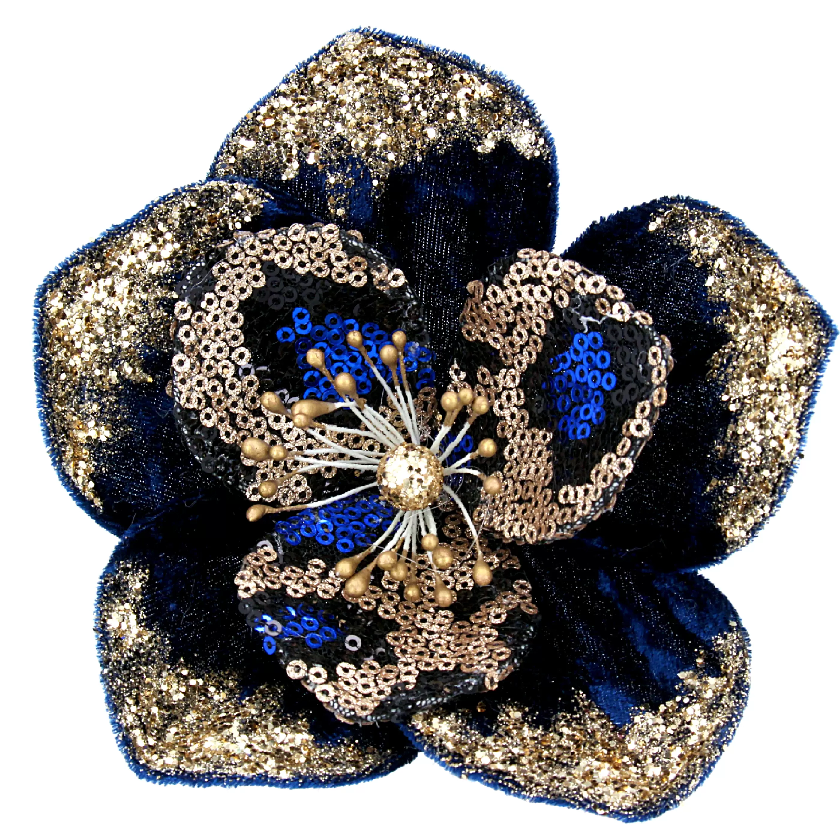 Blue And Gold Sequin Magnolia Clip*Christmas Land Shop